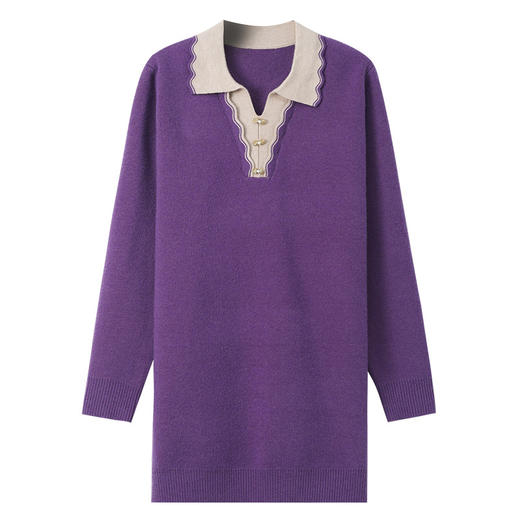 CC-5-6115翻领拼色中长款毛衣女2024秋冬新款大码宽松休闲针织衫百搭打底衫 商品图4