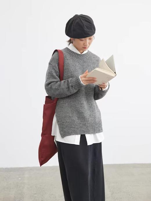 步履不停/4C13219C/圆领侧开叉毛织套头衫灰色毛衣 商品图0