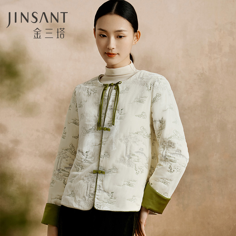 100%桑蚕丝丝绵棉袄女新中式圆领刺绣长袖保暖上周家居服金三塔（限价）  NSFED733