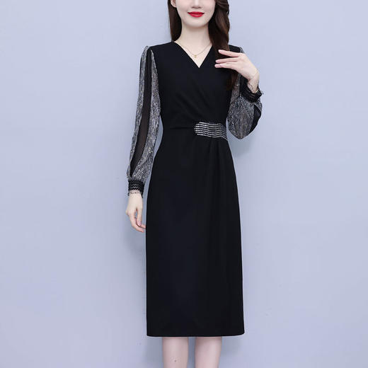 雀说新款时尚洋气V领撞色拼接显瘦开叉中长裙AL2623 商品图3
