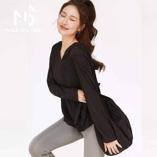 Makebalancy/慕柏郦瑜伽运动上衣连帽毛绒条宽松柔软气质显瘦1852 商品图1