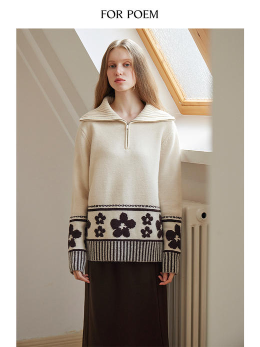 ForPoem 现货 24/FW原创设计100羊毛花朵费尔岛风格拉链翻领毛衣 商品图0