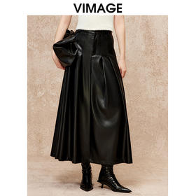 VIMAGE纬漫纪2024冬季新款时尚高腰a字百搭黑色皮裙半身裙V2206814
