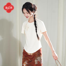 上海逸红颜琦梦2025夏季新款冰感弹力针织圆领半开襟手工花扣上衣