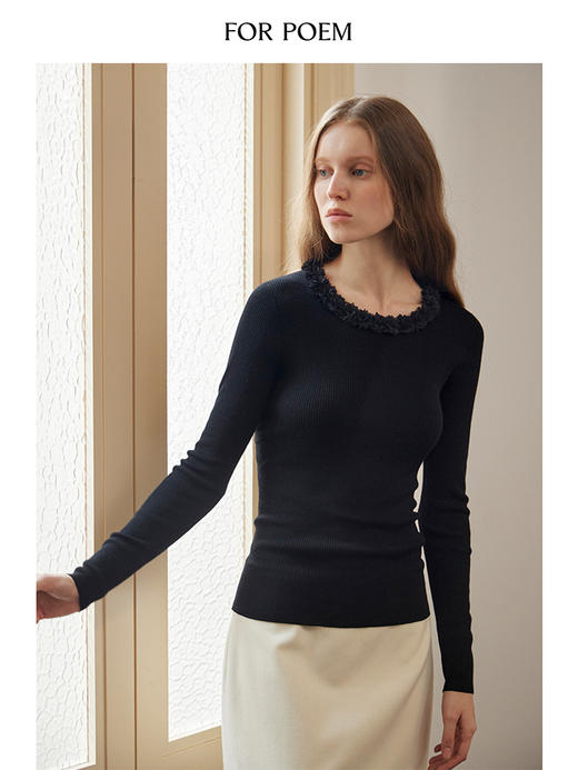 ForPoem 现货 24/FW原创设计无缝一体100美丽诺羊毛花边领针织打底衫 商品图2