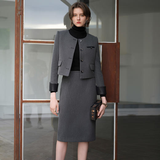 IWY /灰色圆领气质外套小香风长袖斜纹拼皮羊毛女通勤优雅商务职业半裙套装CS2068 商品图2