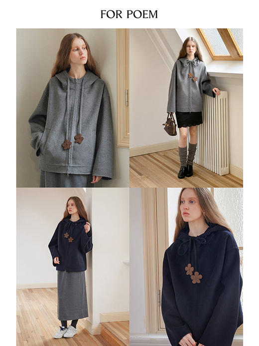 ForPoem 24/FW原创设计羊绒羊毛花朵皮牌连帽拉链休闲双面尼大衣 商品图2