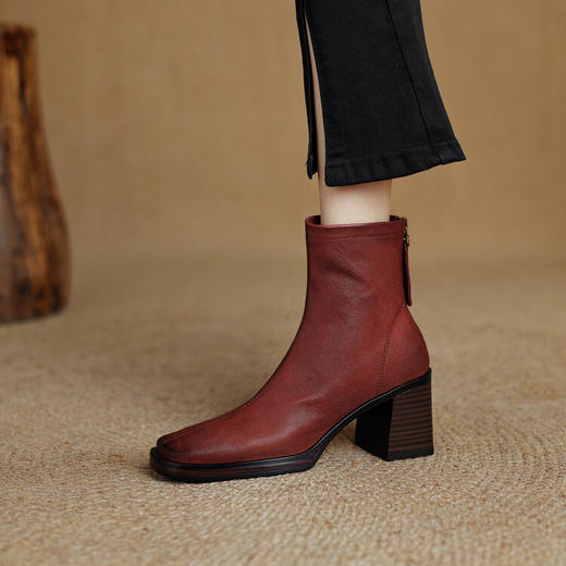 【预售5天】秋冬新款粗跟方头后拉链短筒时装靴韩版羊皮舒适通勤气质短靴MT&MX3963 商品图0