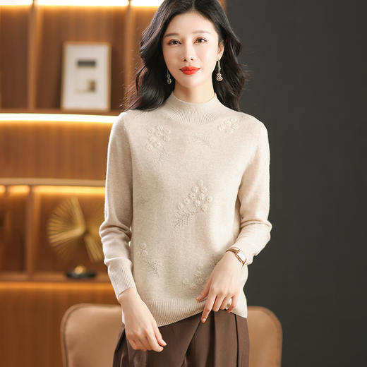 CC-38-839秋冬新款纯羊毛绒衫女半高领内搭毛衣宽松提花保暖针织打底衫 商品图2