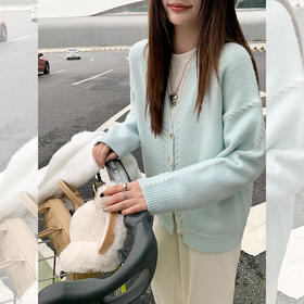 <曾小咸推荐>韩系V领宽松薄荷绿毛衣开衫