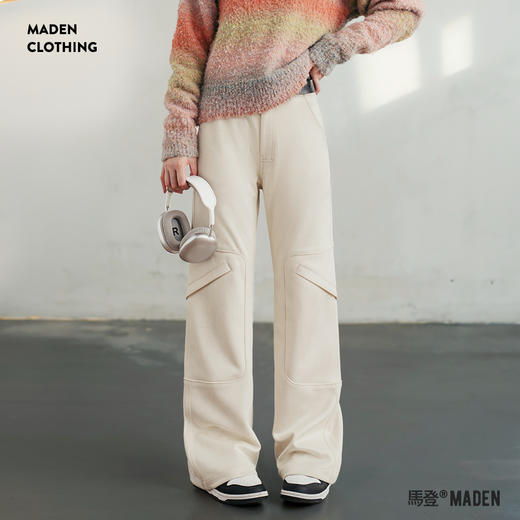 马登美式多口袋休闲工装裤复古白色小个子显瘦直筒阔腿裤春秋季女 商品图0