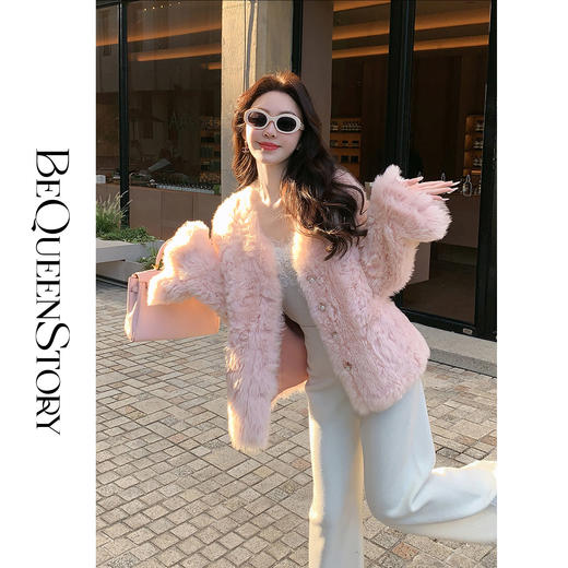 BeQueenStory【温柔旋律】轻奢时尚100羊毛革保暖秋冬款V领宽松皮草外套 商品图0