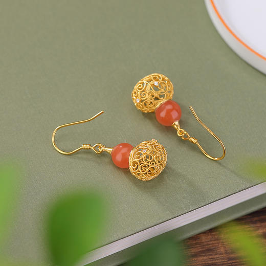 S925纯银镀金水红南红花丝镂空圆珠葫芦耳坠CW 商品图2