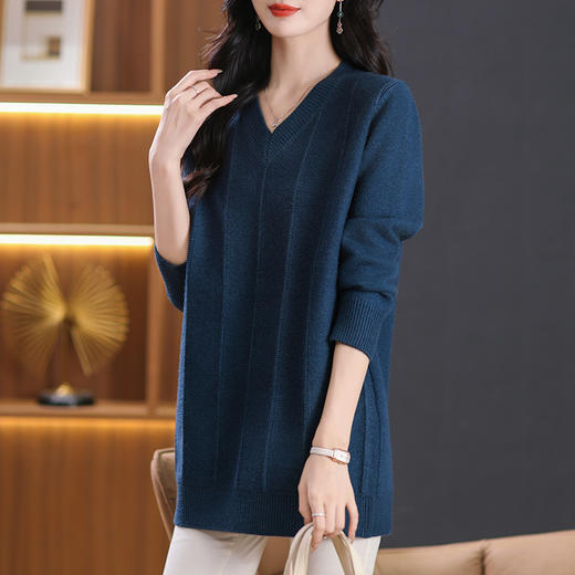 CC-5-6100宽松v领中长款毛衣秋冬季2024新款秋冬小个子内搭针织打底衫 商品图1