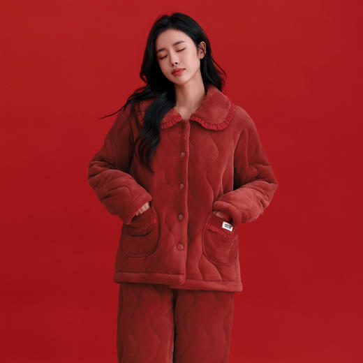 芬腾睡衣三层夹棉女款冬季珊瑚绒法兰绒加厚红色本命年家居服套装 商品图2