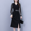 雀说新款时尚洋气V领撞色拼接显瘦开叉中长裙AL2623 商品缩略图2