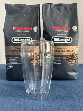 Delonghi德龙 KIMBO金堡阿拉比卡意式浓缩咖啡豆（1000g）X2一共两包 保质期至2026年3月28日  送卡布奇诺双层玻璃杯