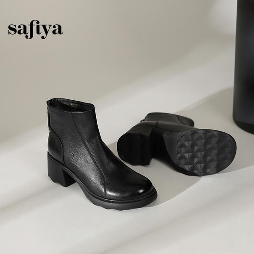 Safiya/索菲娅2024冬季真皮后拉链粗跟通勤百搭弹力瘦瘦短靴 SF44116113 商品图2