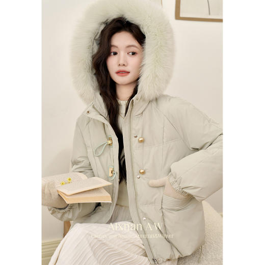 鹿向南「青松余雪」90白鸭绒真毛领羽绒服女冬季加厚连帽绿色外套 商品图4