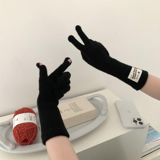 冬季【纯色女手套】保暖针织长款 触屏露指防风五指骑行 韩版潮情侣百搭  商品图1