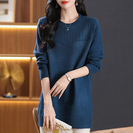 CC-5-6097圆领中长款毛衣女士秋冬季2024新款宽松休闲小个子内搭针织打底衫 商品图1