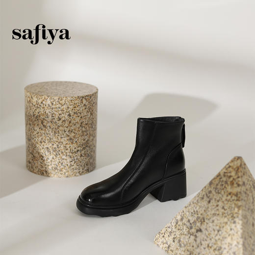 Safiya/索菲娅2024冬季真皮后拉链粗跟通勤百搭弹力瘦瘦短靴 SF44116113 商品图4