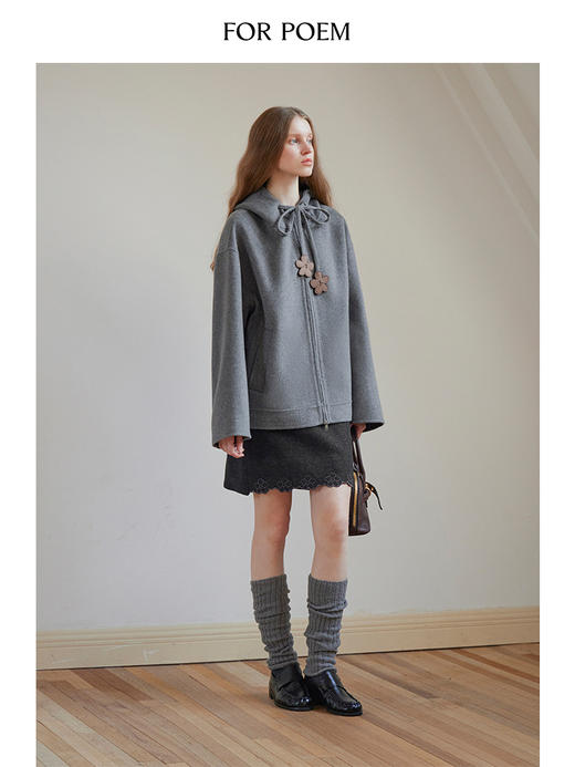 ForPoem 24/FW原创设计羊绒羊毛花朵皮牌连帽拉链休闲双面尼大衣 商品图4