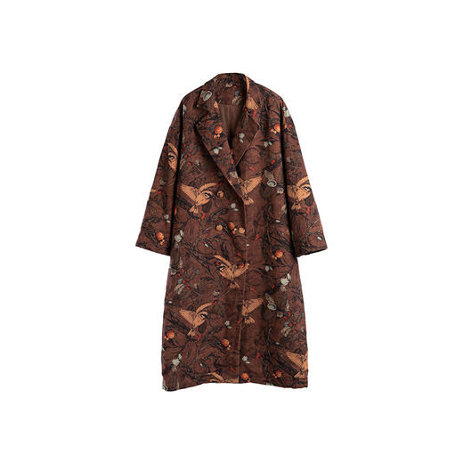 绽放旅行女装739朵/秋冬加厚汉麻棉中长外套飞鸟印花夹棉开襟棉服 商品图4