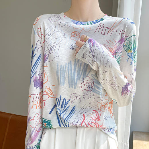 雀说新款天丝防晒打底衫女士轻奢感亲肤透气彩色印花薄款针织上衣AL03-163 商品图1