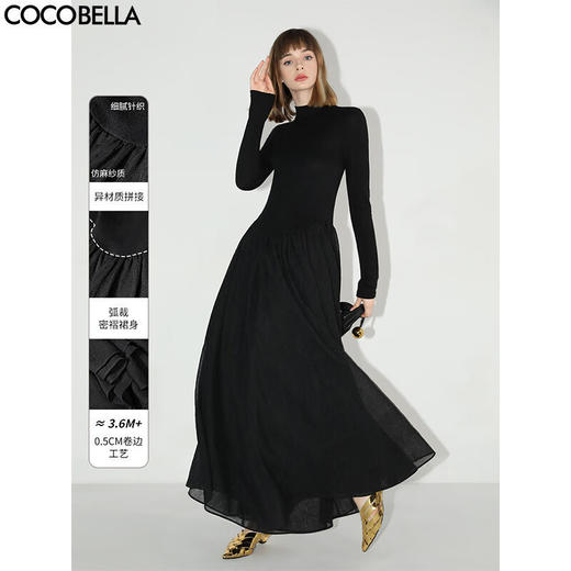 【限时特惠】COCOBELLA赫本风礼服半高领连衣裙小黑裙褶皱肌理大摆长裙FR0008 商品图1