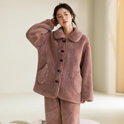 芬腾珊瑚绒睡衣女冬季翻领开衫加绒加厚保暖套装冬款法兰绒家居服 商品图2
