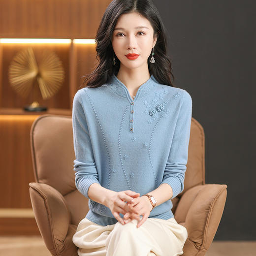 旗袍领毛衣中老年妈妈装打底衫，100纯羊毛衫内搭CC- 38-830 商品图0