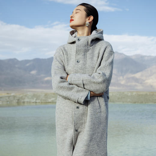 绽放728朵/秋冬重工纱花夹灰毛呢连帽羊毛强缩呢大衣立领中长外套 商品图2