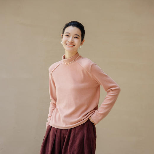 绽放733朵/秋冬新款打底衫双面德绒果实色半高领结构分割长袖T恤 商品图0