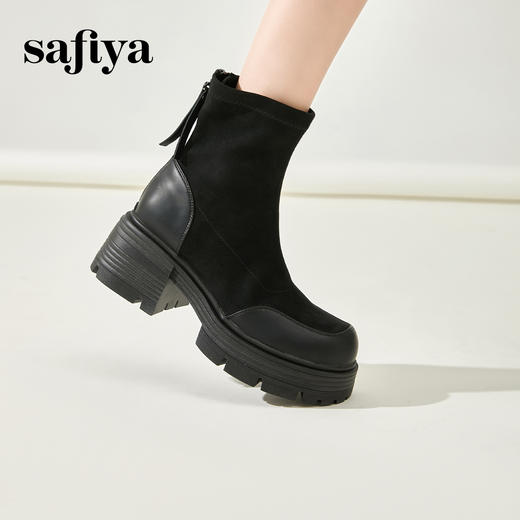 Safiya/索菲娅2024秋冬绒面拼接圆头百搭厚底英伦风瘦瘦弹力靴 SF44116235 商品图2