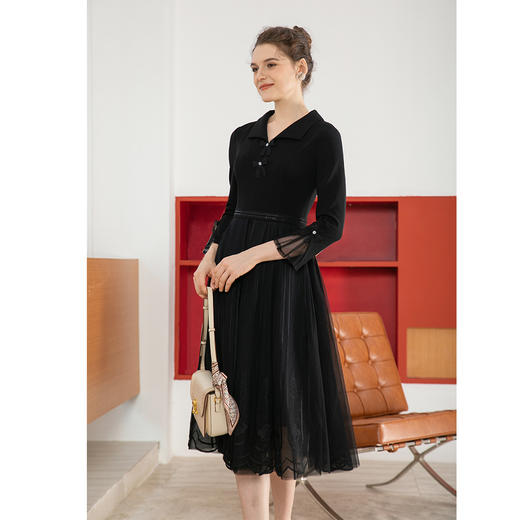 司歌翻领连衣裙长袖v领秋黑裙子高级正式场合穿着假两件A901016X 商品图1