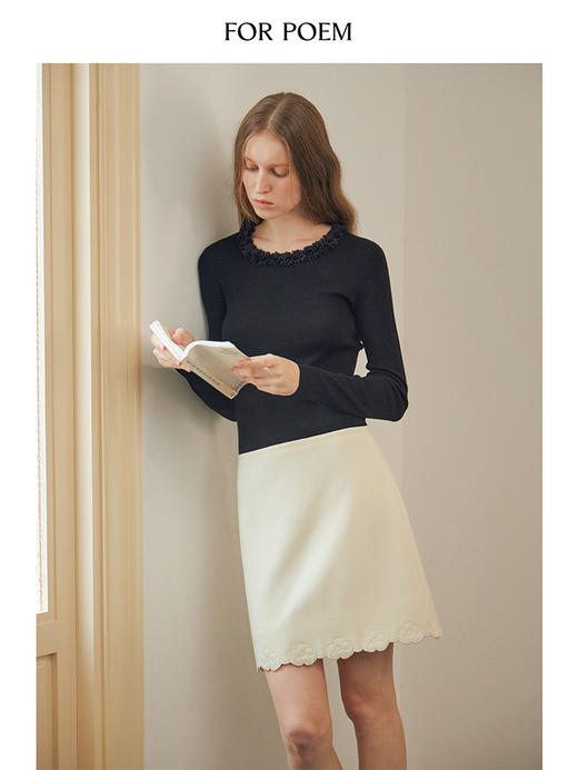 ForPoem 现货 24/FW原创设计秋冬100羊毛刺绣花边毛呢半身裙 商品图1