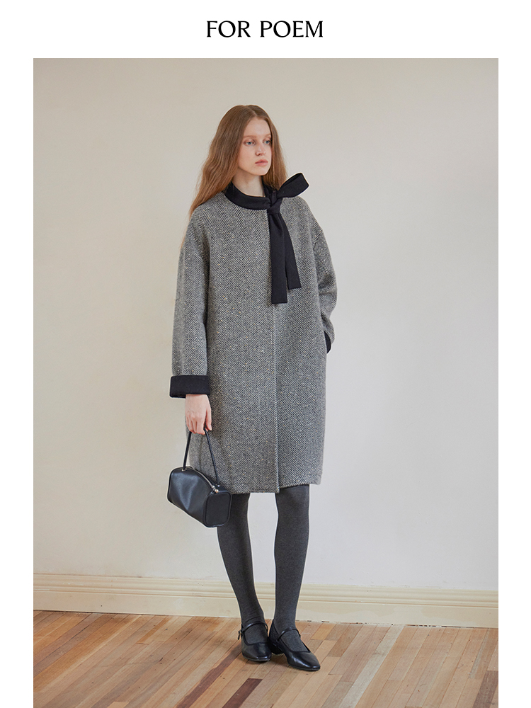 ForPoem 现货 24/FW原创设计中长款宽松廓形人字纹羊毛拼色系带大衣