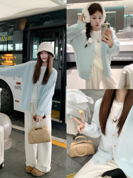 <曾小咸推荐>韩系V领宽松薄荷绿毛衣开衫 商品图4