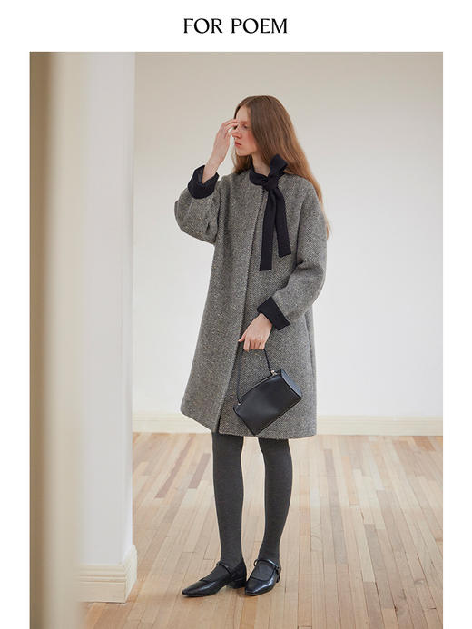 ForPoem 现货 24/FW原创设计中长款宽松廓形人字纹羊毛拼色系带大衣 商品图2