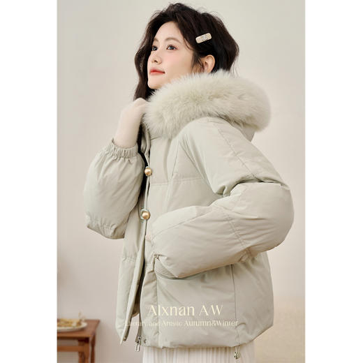 鹿向南「青松余雪」90白鸭绒真毛领羽绒服女冬季加厚连帽绿色外套 商品图3