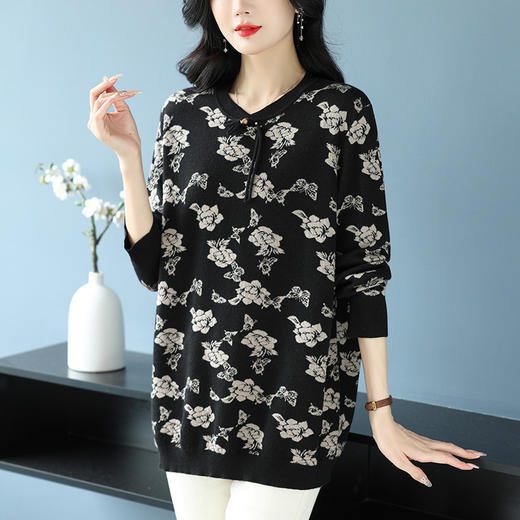 CC-26-8206秋冬新款宽松遮肉大码针织打底衫圆领长袖印花羊毛毛衣 商品图1