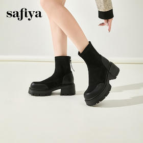Safiya/索菲娅2024秋冬绒面拼接圆头百搭厚底英伦风瘦瘦弹力靴 SF44116235