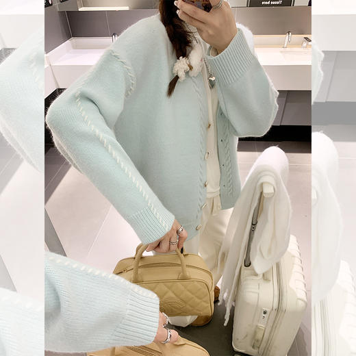<曾小咸推荐>韩系V领宽松薄荷绿毛衣开衫 商品图2