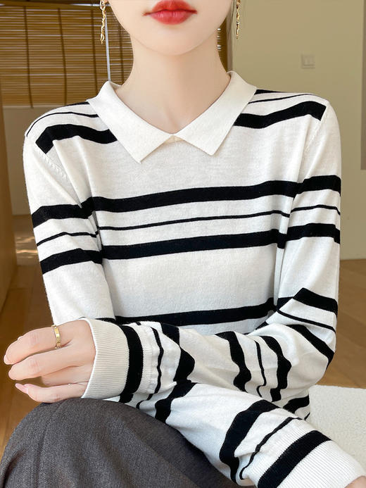 丁摩清新文艺精纺羊毛polo衫女长袖翻领条纹套头针织衫新款打底衫AL83-211 商品图6