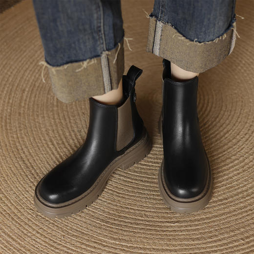 阿么手工女鞋真皮黑色厚底烟筒靴5CM秋冬新款时尚百搭切尔西短靴 商品图2