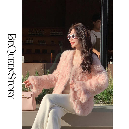 BeQueenStory【温柔旋律】轻奢时尚100羊毛革保暖秋冬款V领宽松皮草外套 商品图3