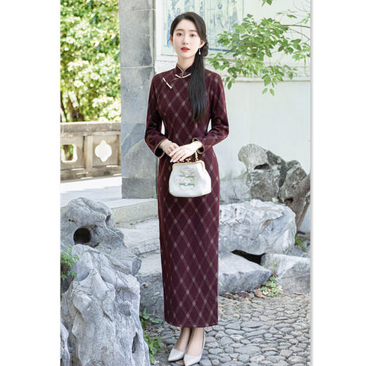 复古国风长款，针织棉文艺格子旗袍GX-20896 商品图1