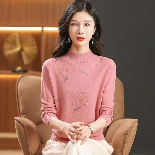CC-38-839秋冬新款纯羊毛绒衫女半高领内搭毛衣宽松提花保暖针织打底衫 商品图1