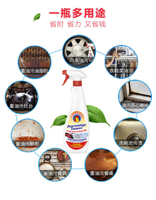 一喷一擦 轻松去油 意大利进口配方大公鸡管家油污净油烟机清洗剂厨房灶台去油污清洁625ml*3瓶 商品图0